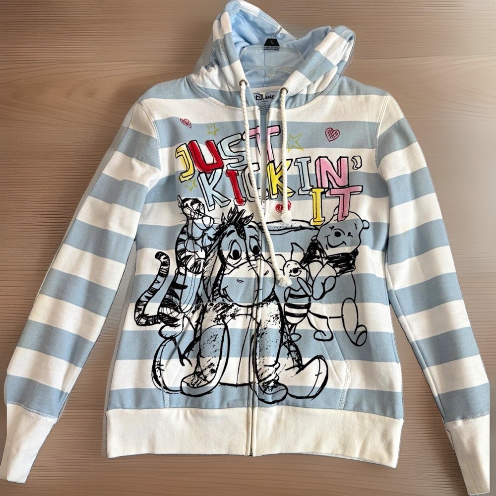 Disney Womens Full Zip Hoodie Blue White Striped Winnie the Pooh Fleece L
